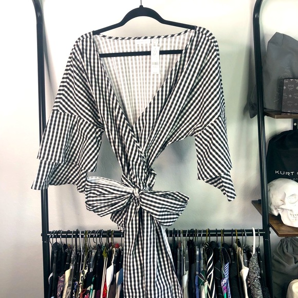 New York & Company Tops - NY&Co Gingham Checked Wrap Ruffle Top